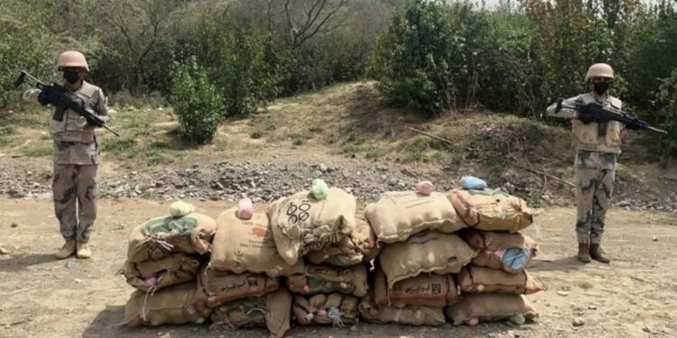 حرس الحدود بجازان يقبض على مخالفين لتهريبهما 59.8 كيلوجرامًا من الحشيش المخدر