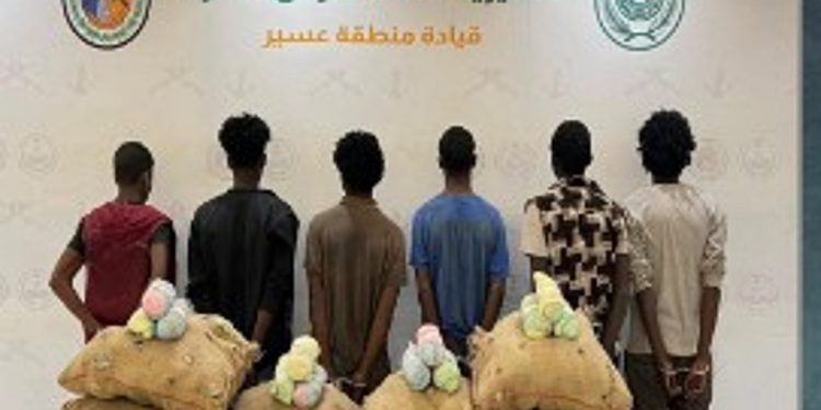 حرس الحدود بعسير يقبض على 6 إثيوبيين لتهريبهم 120 كيلوجرامًا من القات المخدر