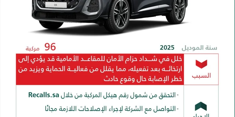 «التجارة» تستدعي 96 مركبة «أودي Q5» موديل 2025.. خلل في شداد حزام الأمان قد يزيد خطر الإصابة