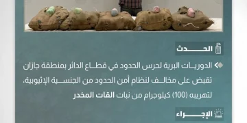 حرس الحدود بجازان يضبط إثيوبياً بحوزته 100 كيلوجرام من القات