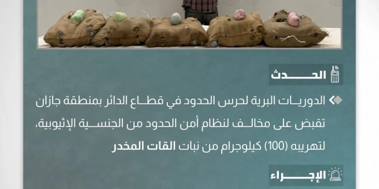 حرس الحدود بجازان يضبط إثيوبياً بحوزته 100 كيلوجرام من القات