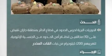حرس الحدود بجازان يضبط 10 إثيوبيين بحوزتهم 200 كيلوجرام من القات