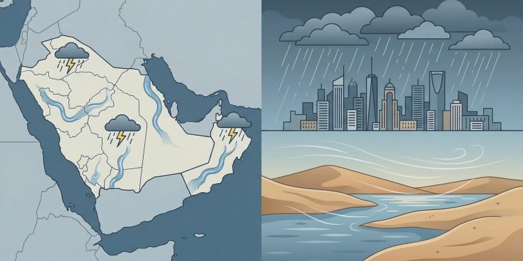 أمطار رعدية وسيول وبَرَد تطال معظم مناطق المملكة من الثلاثاء حتى السبت